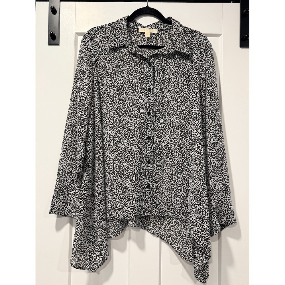Michael Kors Asymmetrical Black & White Print Button-Front Blouse Sz XL